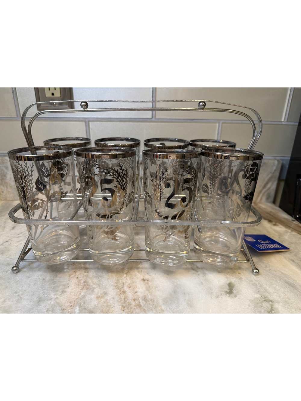 Vintage Mid Century 25th Anniversary Glasses Set of 8 with Chrome Caddy Barware